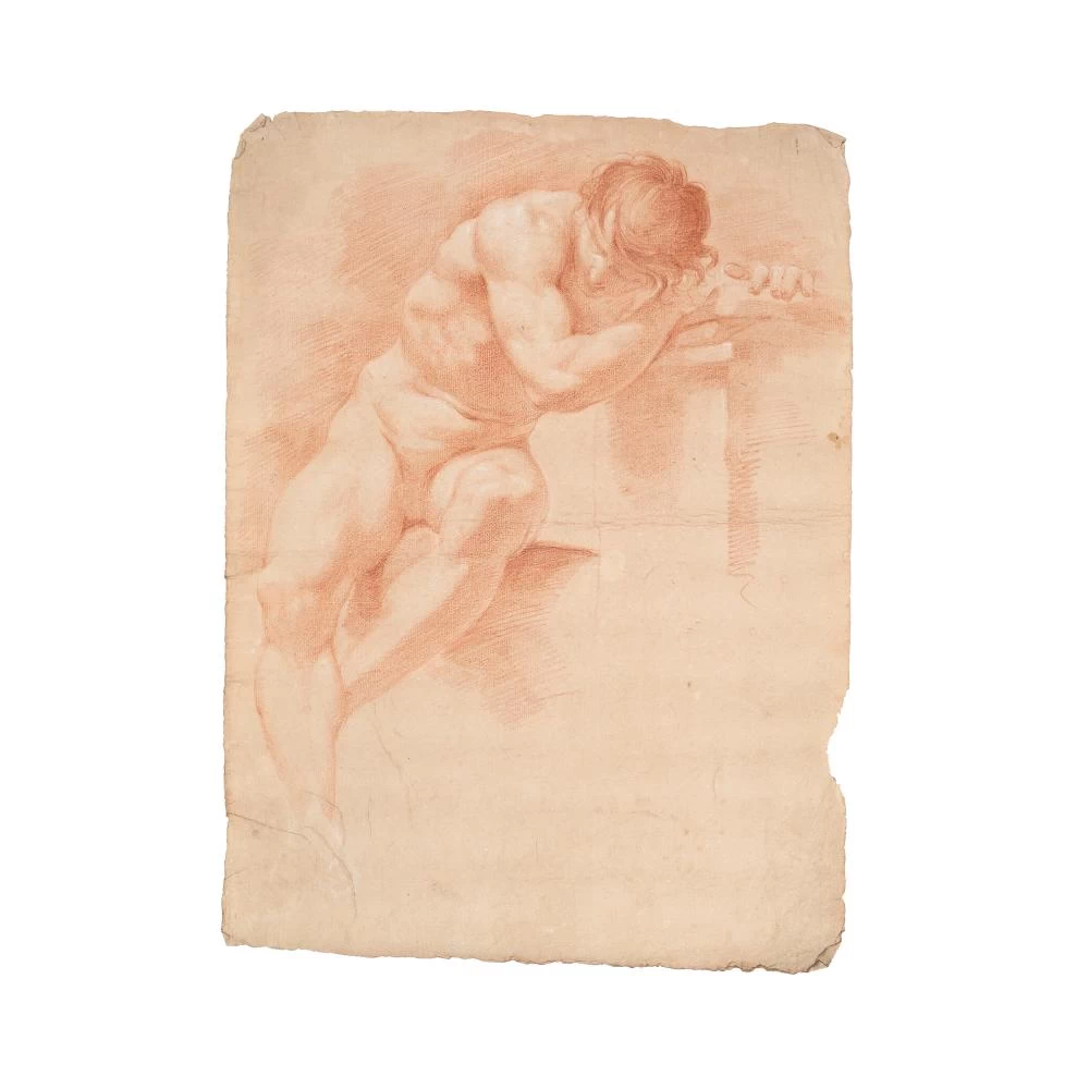 Nudo seduto appoggiato ad un sostegno